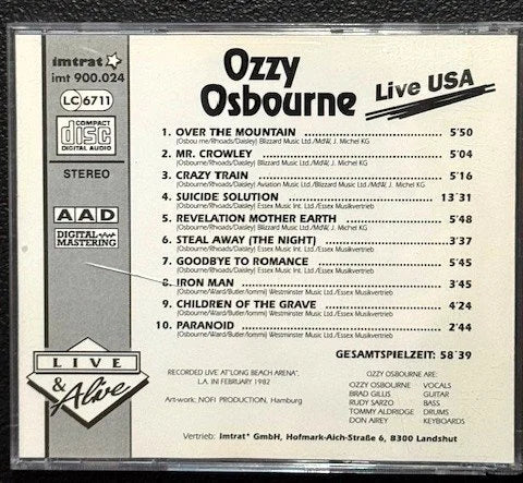 Ozzy Osbourne – Live USA (CD, Unofficial, Imtrat imt 900.024) - Maple City Music