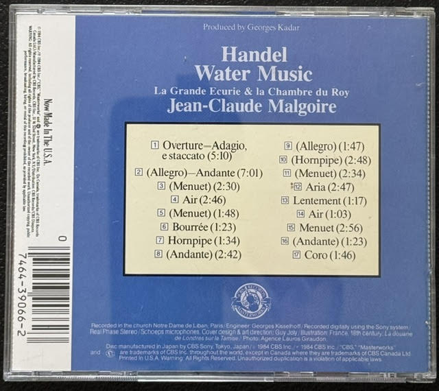 George Frideric Handel, La Grande Écurie & La Chambre du Roy, Jean-Claude Malgoire – Water Music (CD, 1984, CBS Masterworks MK 39064) - Maple City Music