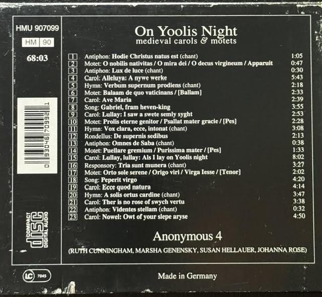 Anonymous 4 – On Yoolis Night: Medieval Carols & Motets (CD, 1993, Harmonia Mundi France HMU 907099)