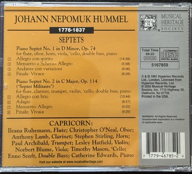 Johann Nepomuk Hummel – Septets Op. 74 & Op. 114 “Military” (CD, 2001, Musical Heritage Society 5167859)