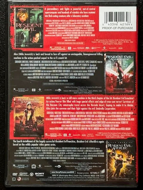 Resident Evil 4-Movie Collection  Resident Evil • Resident Evil: Apocalypse • Resident Evil: Extinction • Resident Evil: Afterlife (Used)