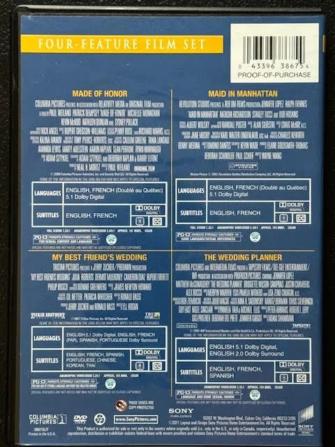 Romantic Comedy 4-Film Collection  Made of Honor • Maid in Manhattan • My Best Friend’s Wedding • The Wedding Planner (Used)