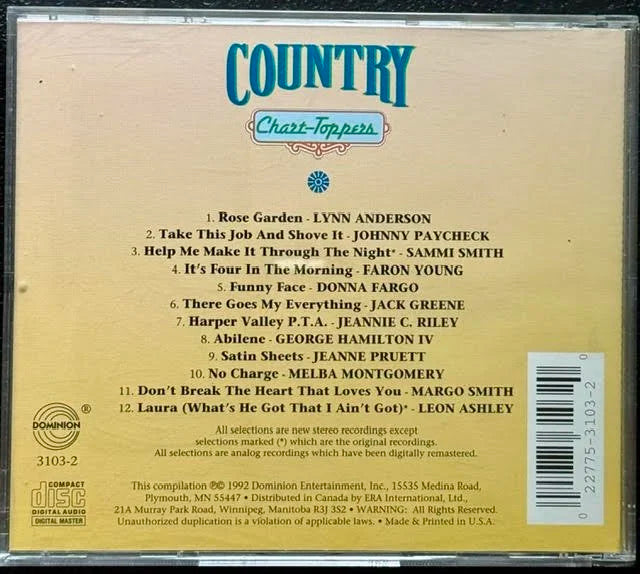 Country #1 Chart-Toppers (CD, 1992, Dominion Entertainment 15535)