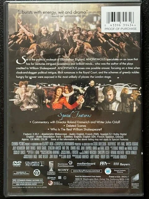Anonymous (DVD, 2011, Sony Pictures Home Entertainment / Columbia Pictures)