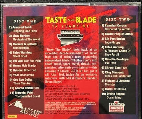 Various – Taste The Blade - 15 Years Of Metal Blade Records (2xCD, Compilation, Club Edition, 1997, Metal Blade Records D218802) - Maple City Music