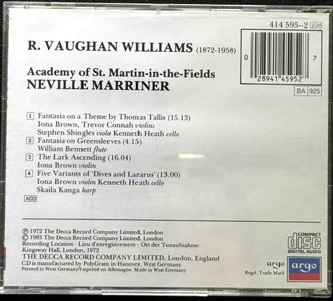 R. Vaughan Williams – Fantasia On A Theme By Thomas Tallis / Fantasia On Greensleeves / The Lark Ascending / Five Variants Of “Dives And Lazarus” (CD, 1985, Argo 414 595-2)