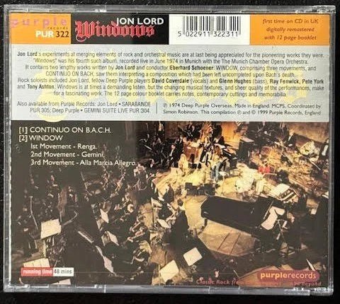 Jon Lord – Windows (CD, 1999, Purple Records PUR 322) - Maple City Music