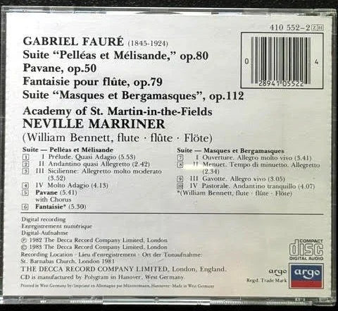 Gabriel Fauré – Pavane • Pelléas Et Mélisande Suite • Fantaisie For Flute • Masques Et Bergamasques Suite (CD, 1983, Argo 410 552-2)