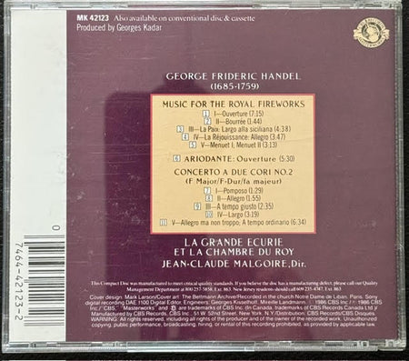 George Frideric Handel, La Grande Écurie Et La Chambre Du Roy, Jean-Claude Malgoire – Music For The Royal Fireworks / Concerto A Due Cori No. 2 / Ariodante: Ouverture (CD, 1984, CBS Masterworks MK 42123) - Maple City Music