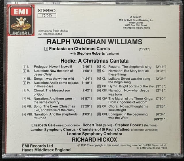 Ralph Vaughan Williams – Hodie: A Christmas Cantata / Fantasia On Christmas Carols (CD, 1990, EMI Records D 135314) - Maple City Music