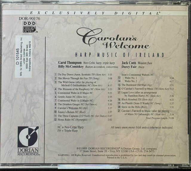 Carol Thompson And Friends – Carolan's Welcome: Harp Music Of Ireland (CD, 1993, Dorian Recordings DOR-90176)