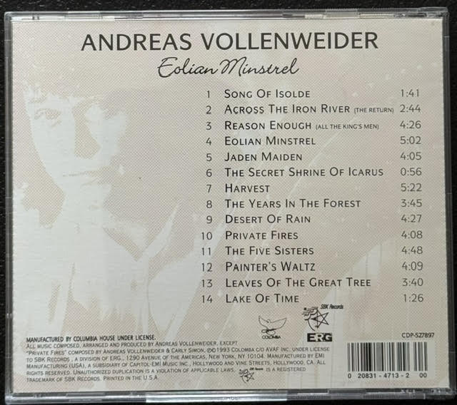 Andreas Vollenweider – Eolian Minstrel (CD, 1993, Columbia House CDP-527897) - Maple City Music