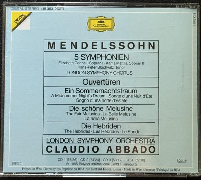 Felix Mendelssohn / London Symphony Orchestra, Claudio Abbado – 5 Symphonien / Ouvertüren (CD, 1985, Deutsche Grammophon 415 353-2)