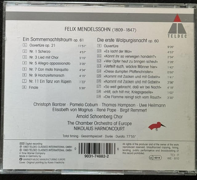 Felix Mendelssohn – Ein Sommernachtstraum / Die Erste Walpurgisnacht (CD, 1988, Teldec 9031-74882-2) - Maple City Music
