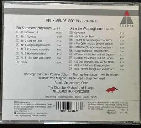 Felix Mendelssohn – Ein Sommernachtstraum / Die Erste Walpurgisnacht (CD, 1988, Teldec 9031-74882-2) - Maple City Music
