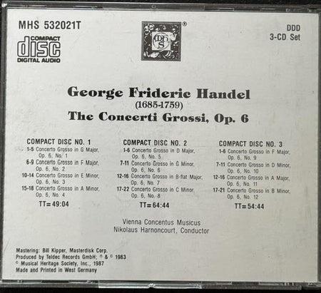 George Frideric Handel – The Concerti Grossi, Op. 6 (3CD, 1987, Musical Heritage Society MHS 532021T) - Maple City Music
