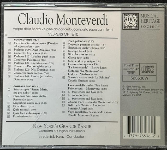 Claudio Monteverdi – Vespers Of 1610 / Madrigals (2CD, 1994, Musical Heritage Society 523536W) - Maple City Music