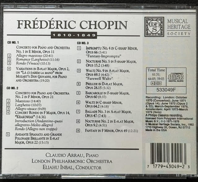 Claudio Arrau – Chopin: Piano Concertos Nos. 1 & 2 (3CD, 1992, Musical Heritage Society 533049F) - Maple City Music
